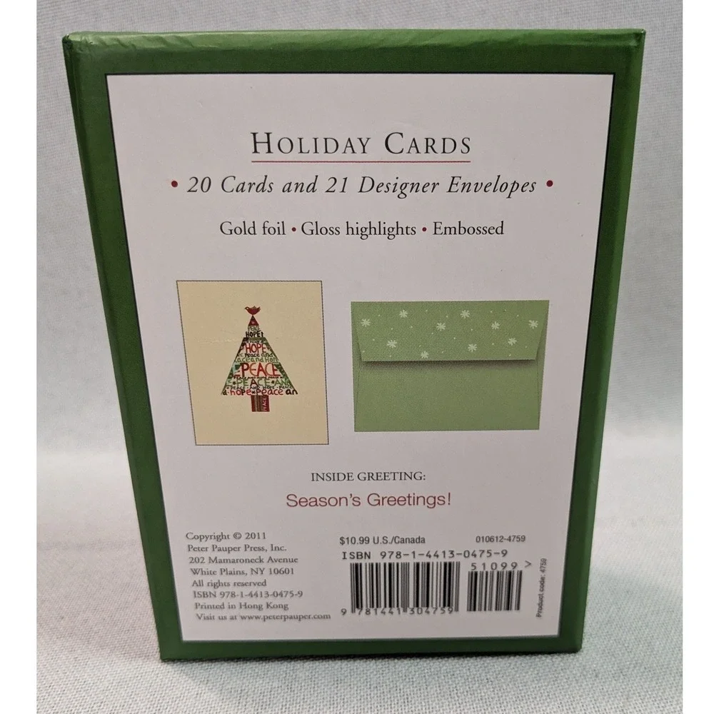 Peter Pauper Press Holiday Cards Unisex OS Multicolor New Boxed Joy Peace 2pk